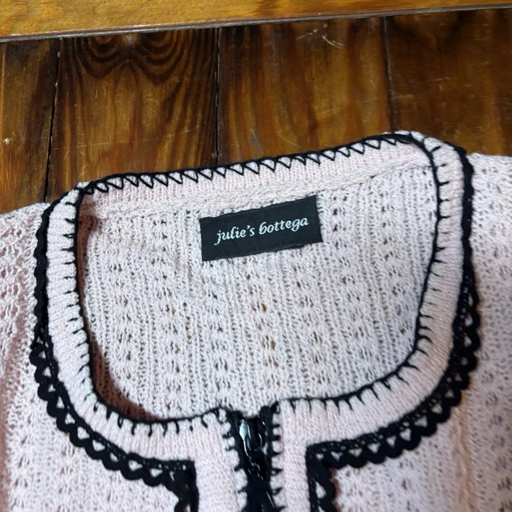 Julie's Bottega Pink Black Trim Zip Front Cardigan Sweater Sz M Coquette A178